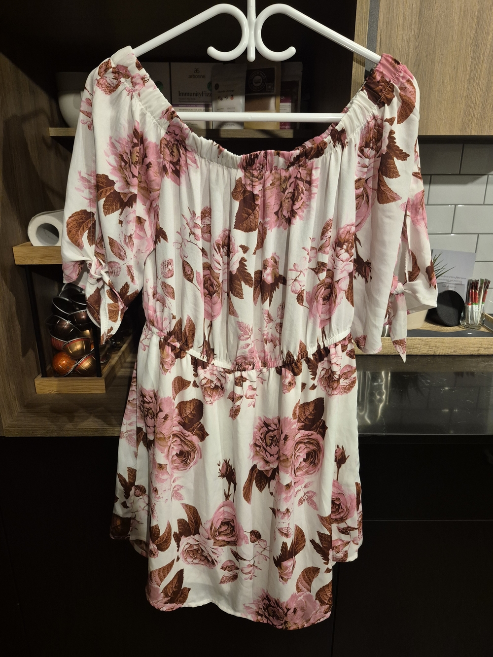Ardene White Off-Shoulder Tunic Dress with Pink Rose Print